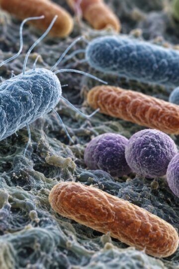 Scientific photomicrograph-style visualization of diverse rod and spherical bacteria
