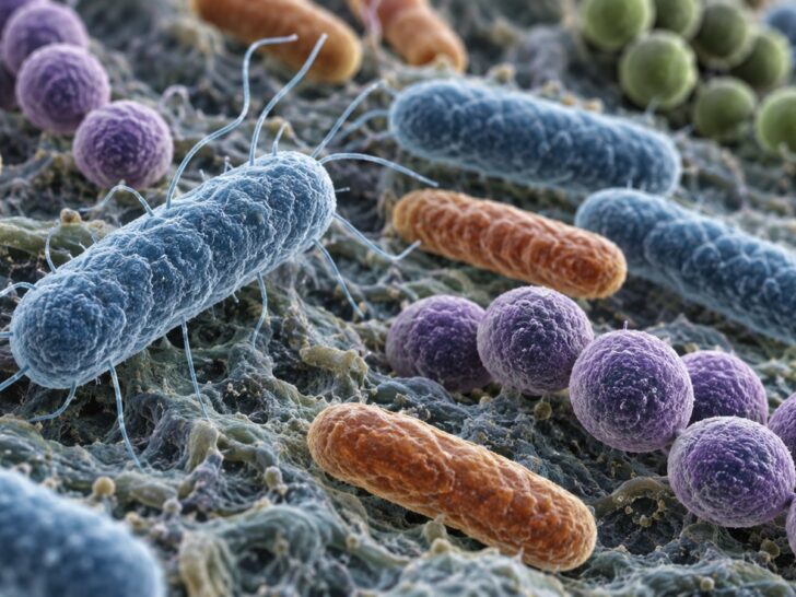 Scientific photomicrograph-style visualization of diverse rod and spherical bacteria