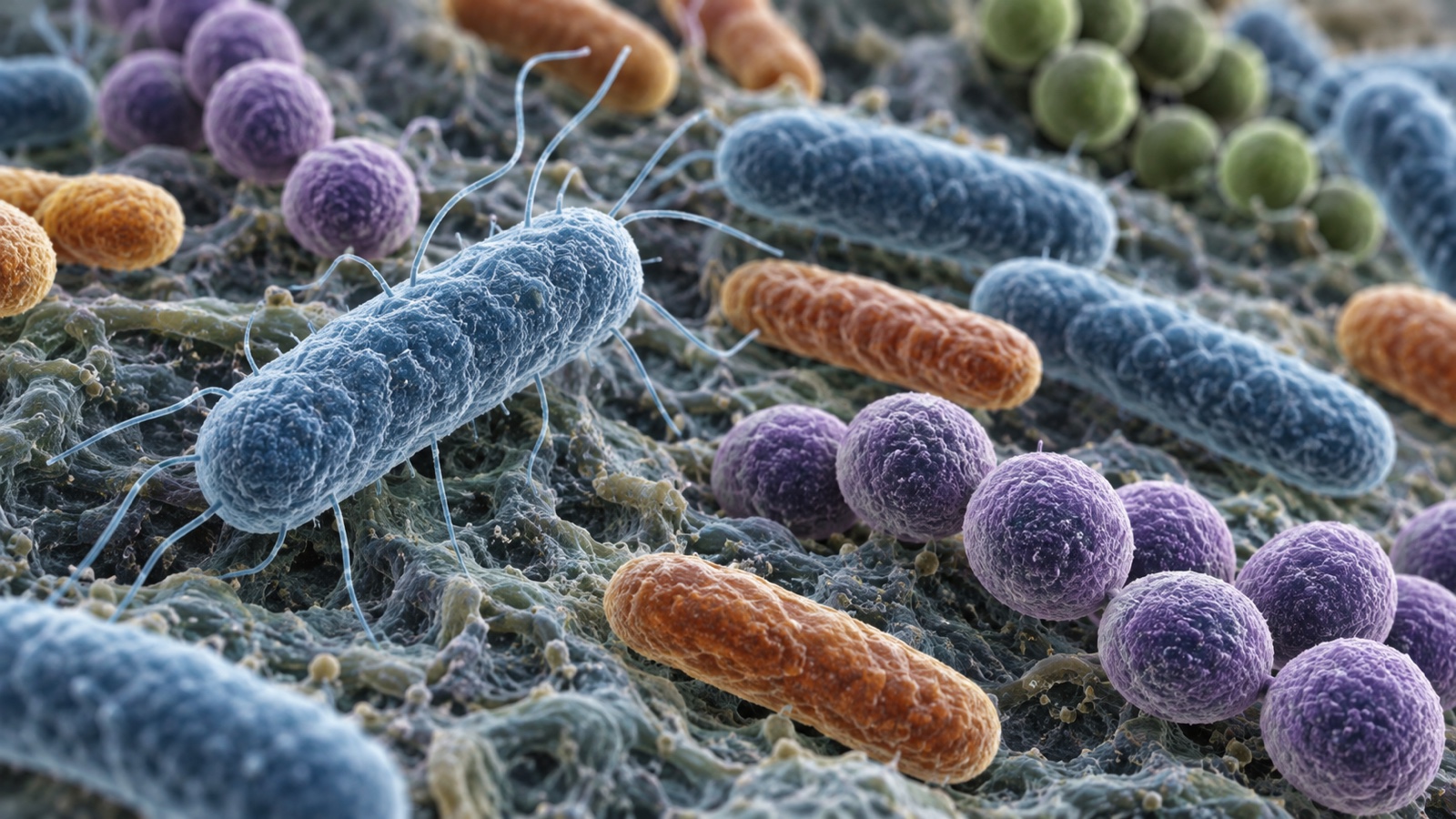 Scientific photomicrograph-style visualization of diverse rod and spherical bacteria
