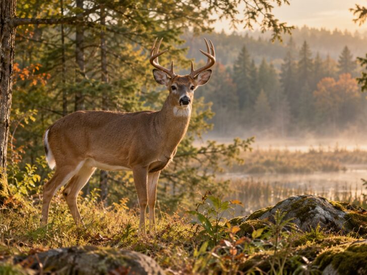 White-tailed deer standing in a misty forest clearing