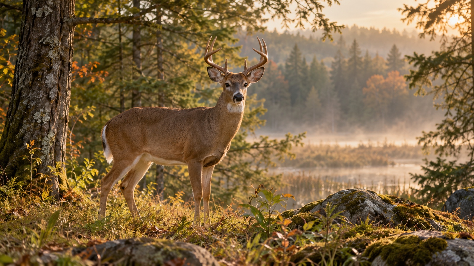 White-tailed deer standing in a misty forest clearing