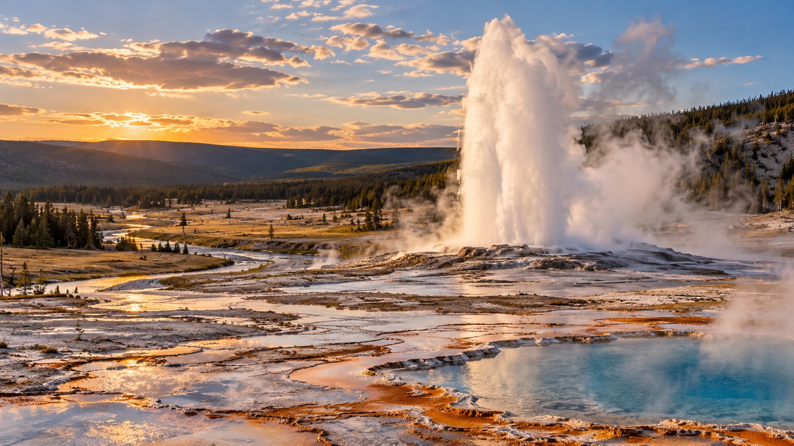 Yellowstone geyser erupting above a broad Wyoming thermal basin