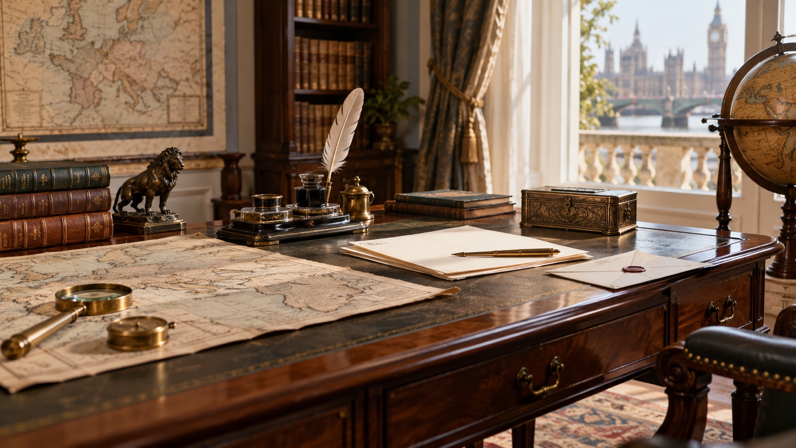 Antique diplomatic desk with maps and blank correspondence in a nineteenth-century study