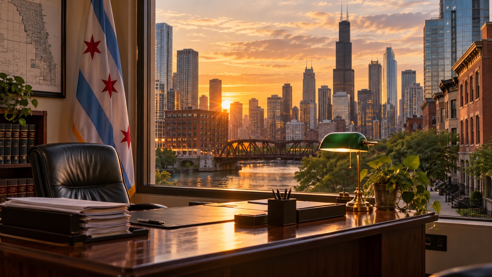 Chicago neighborhood street and city skyline at sunset with empty public-service office desk