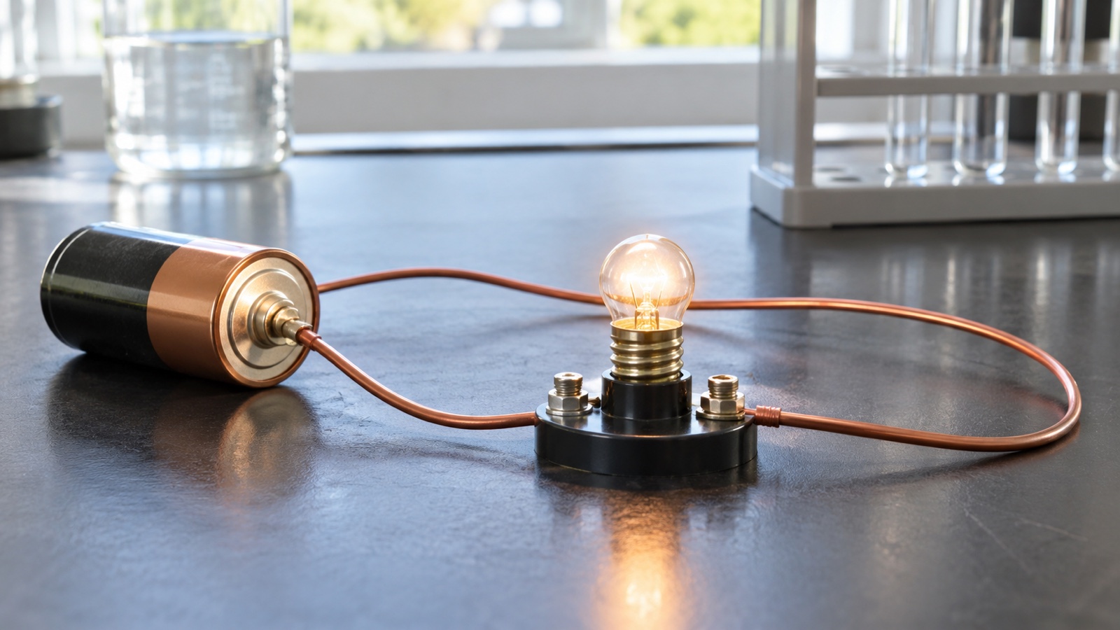 Close laboratory view of copper wires battery and small bulb in a simple circuit