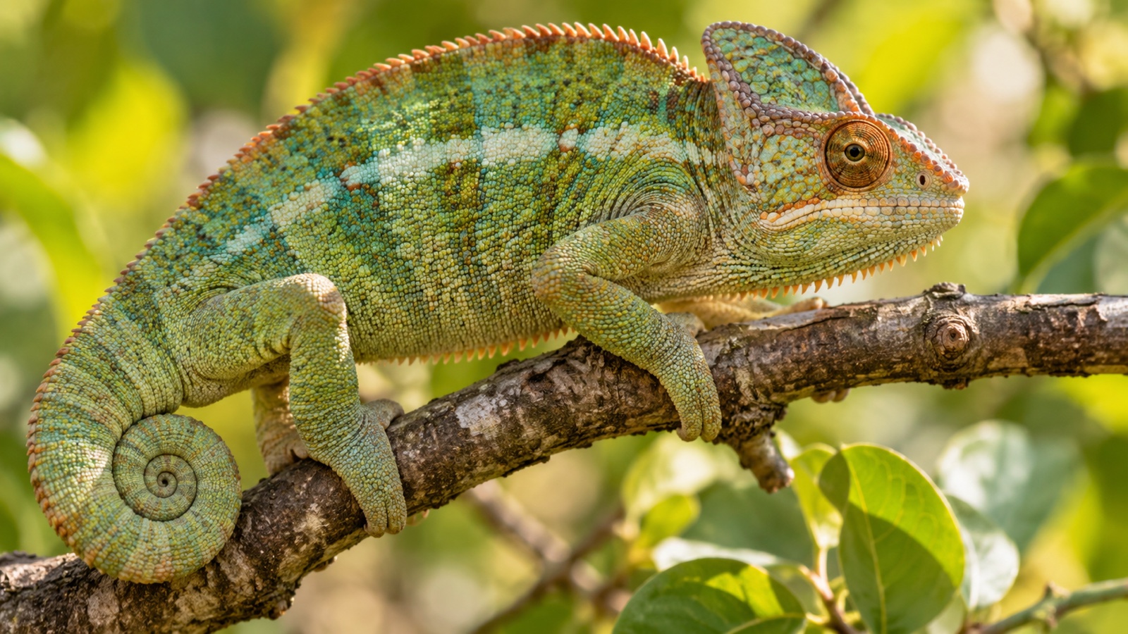 Close realistic view of chameleon changing subtle colors on a branch