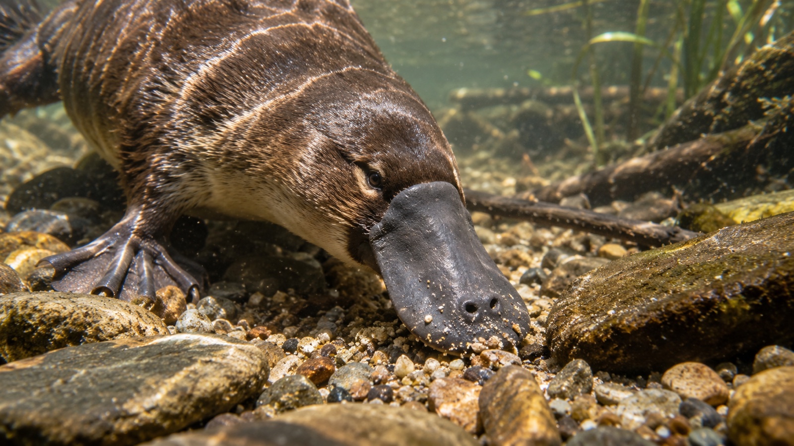 Close realistic view of platypus bill probing streambed gravel
