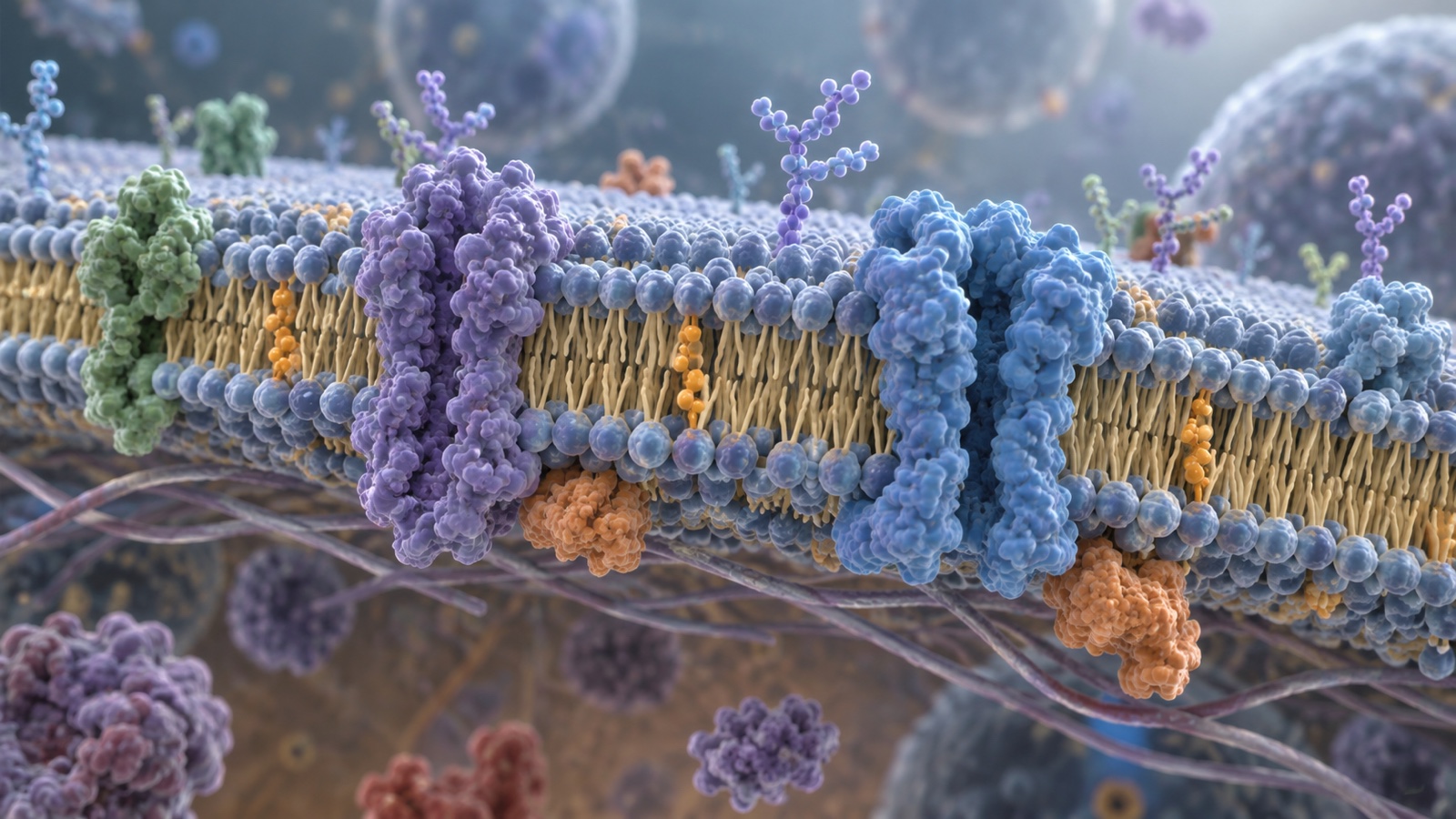 Close scientific view of a cell membrane and embedded proteins