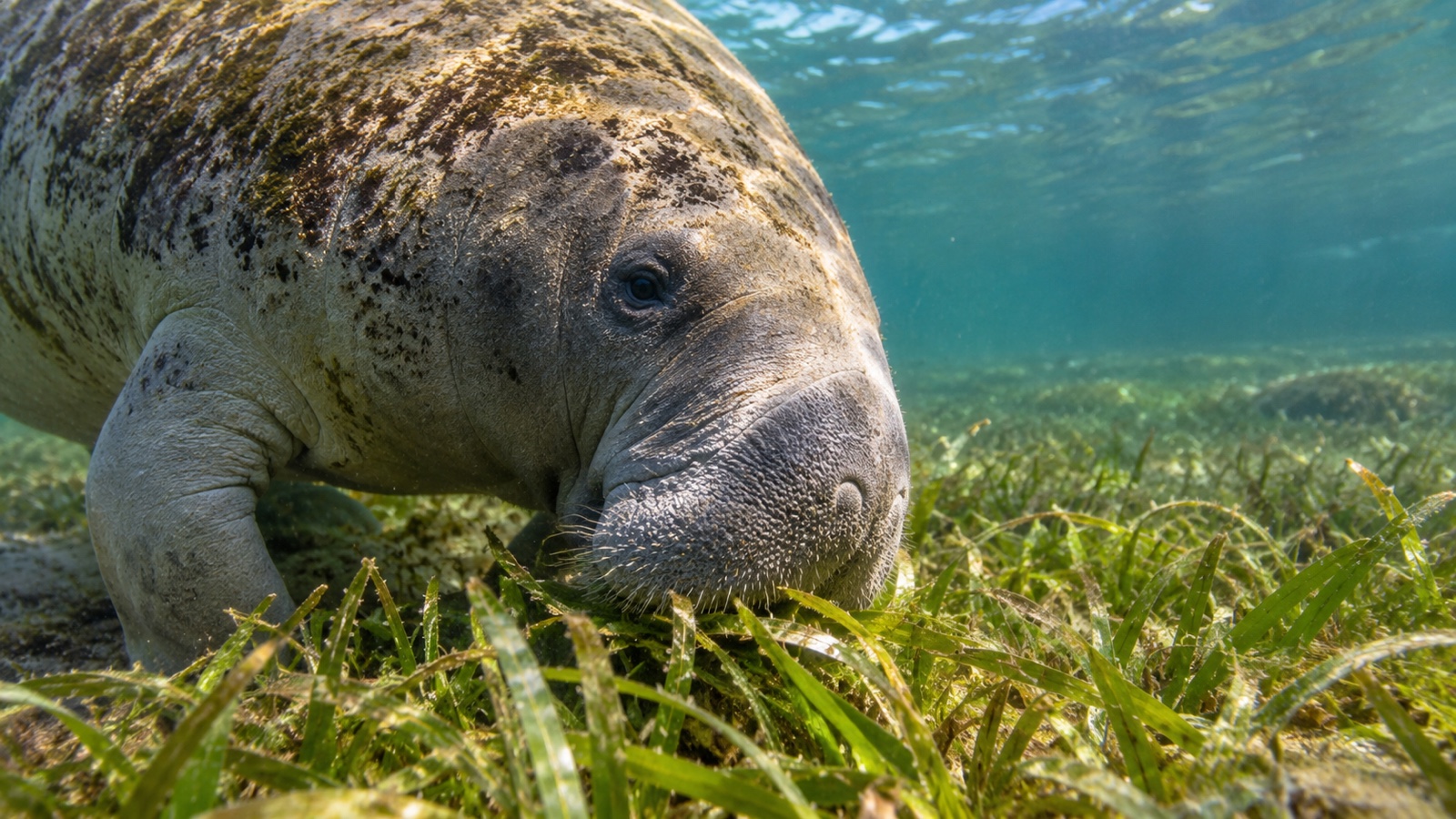 Close underwater view of manatee grazing seagrass with its upper lip