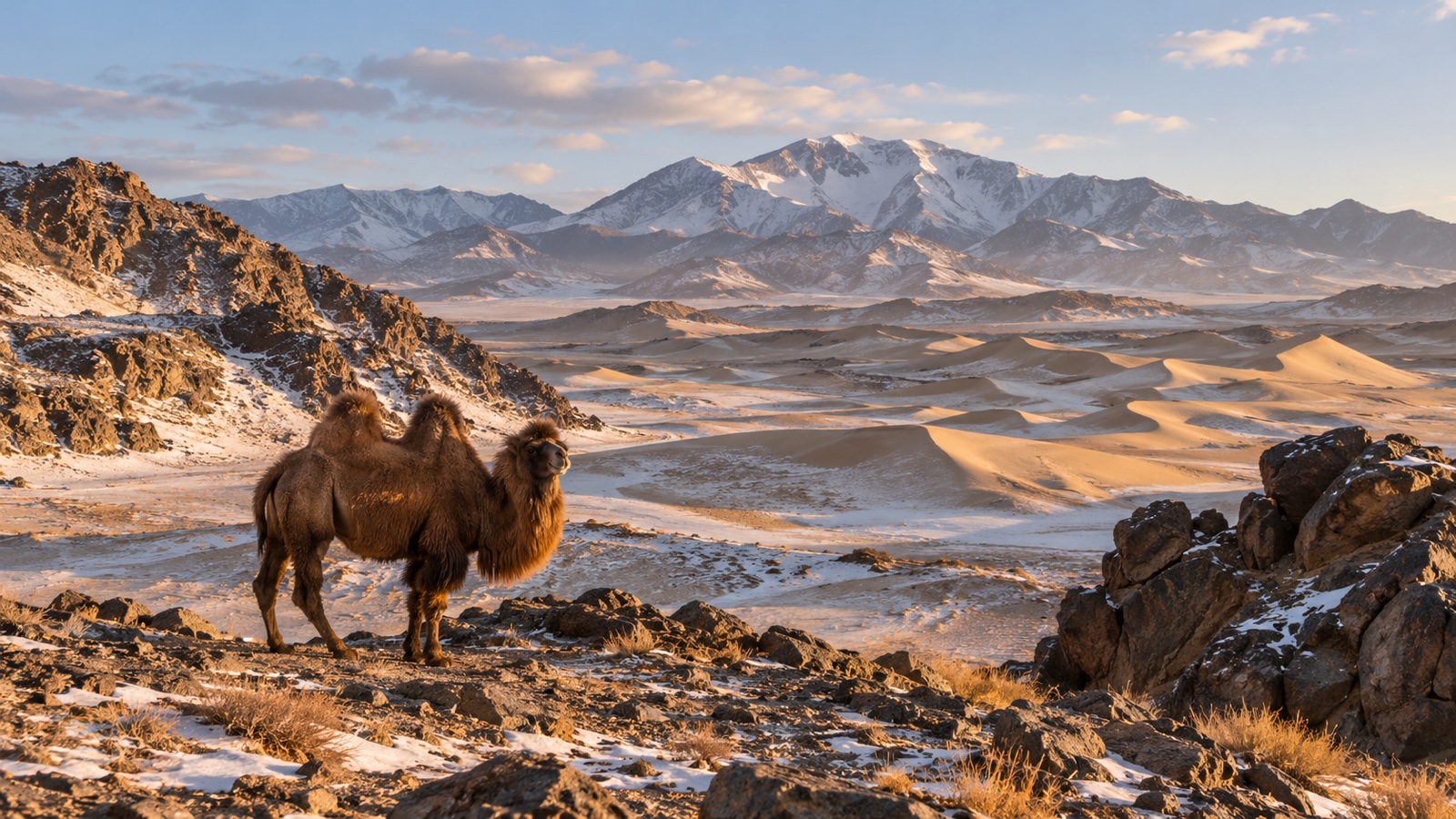 Cold Gobi Desert rocky dunes and snow-dusted mountains