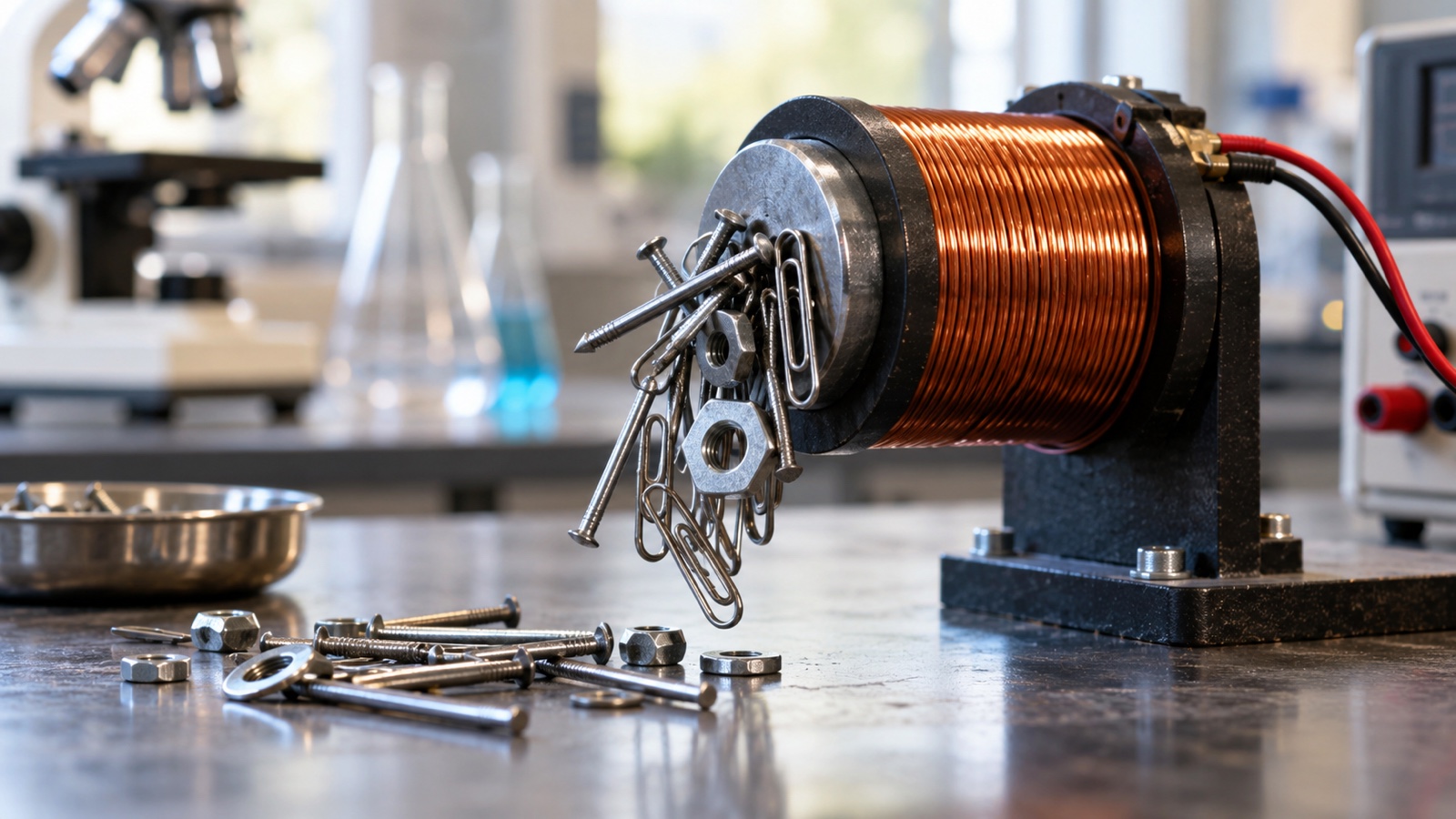 Copper-wire electromagnet coil attracting small metal objects in a lab