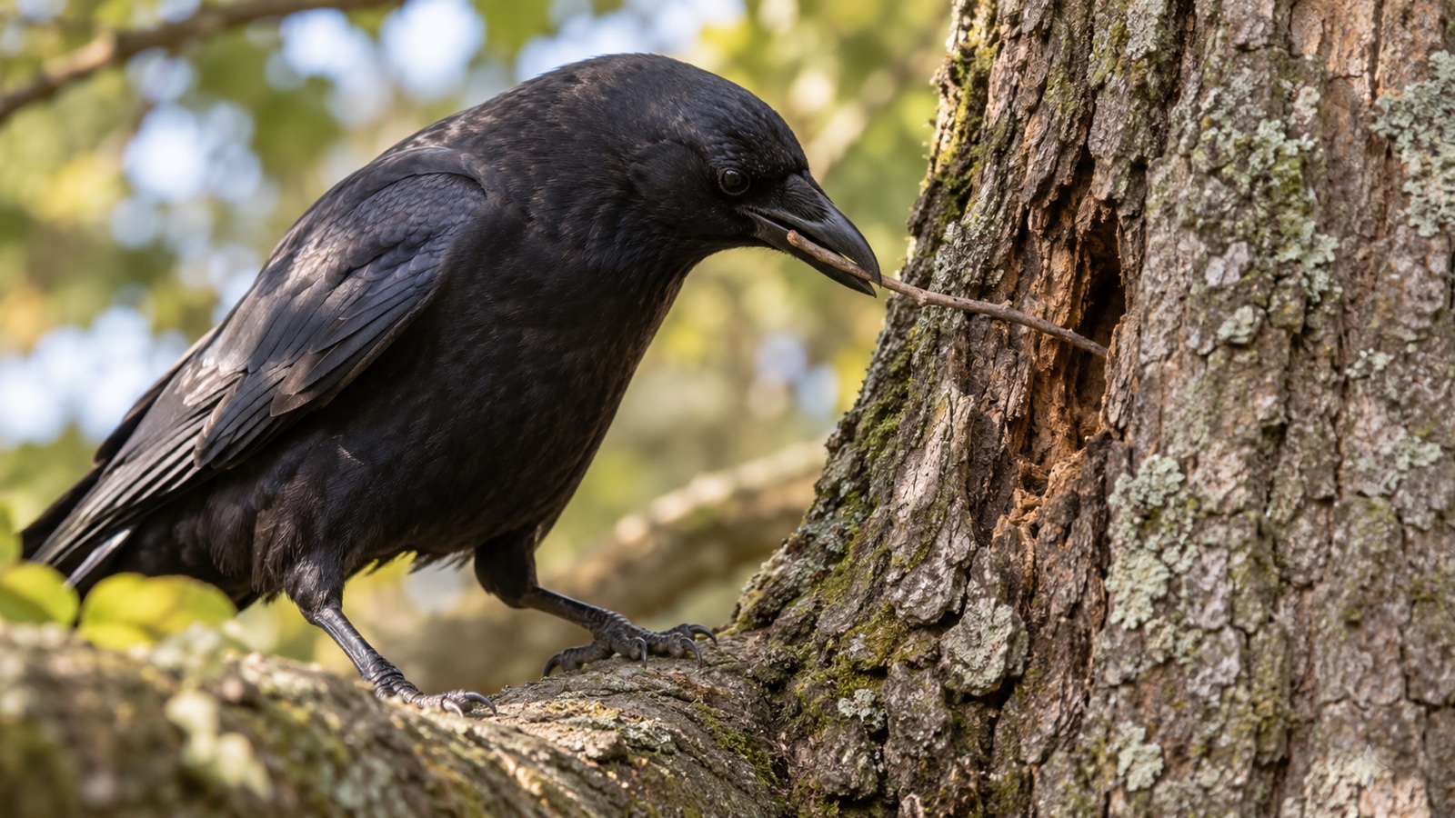 Crow using a twig to inspect a crevice in tree bark