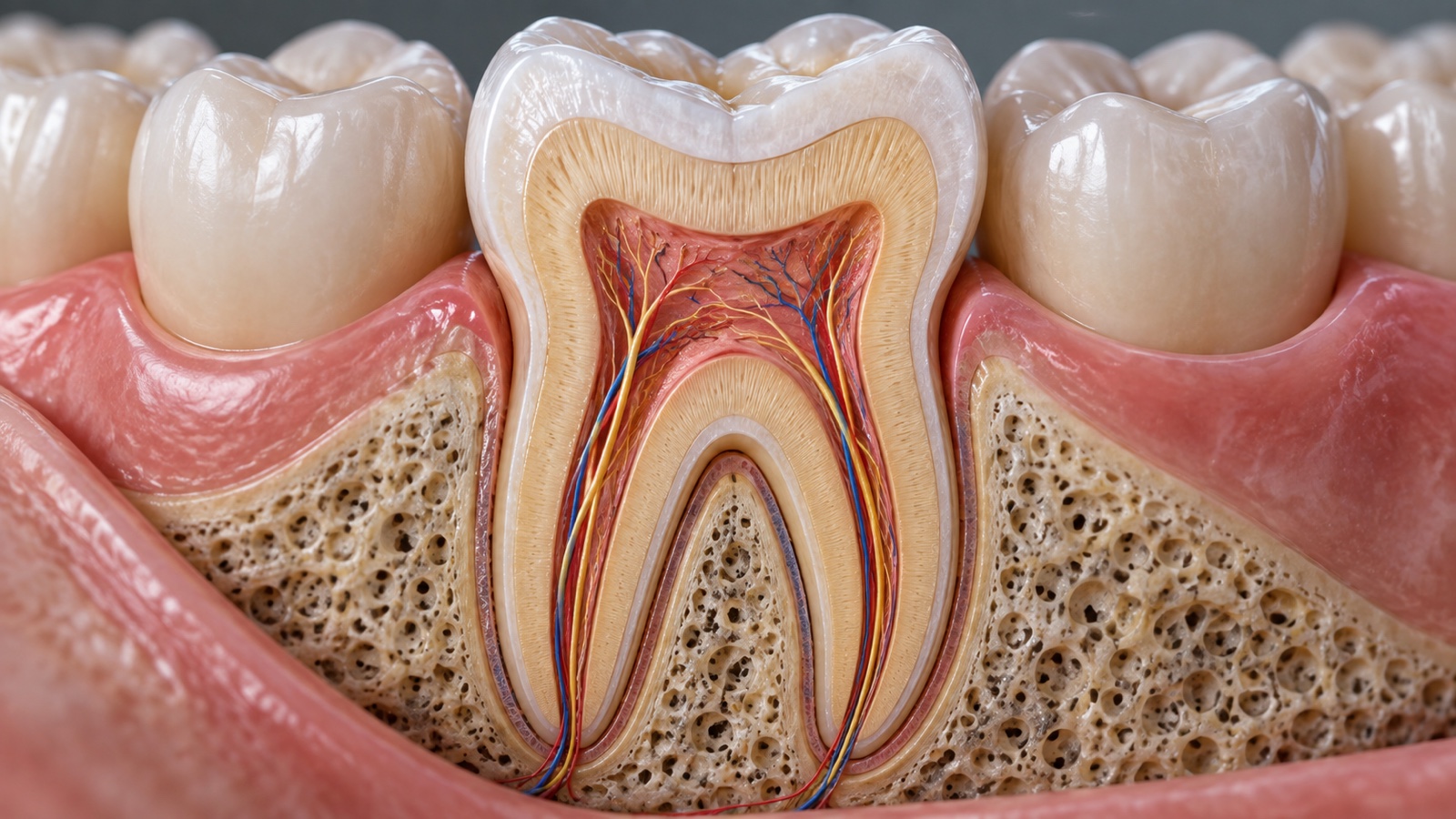 Detailed molar cross-section showing enamel dentin and pulp without labels