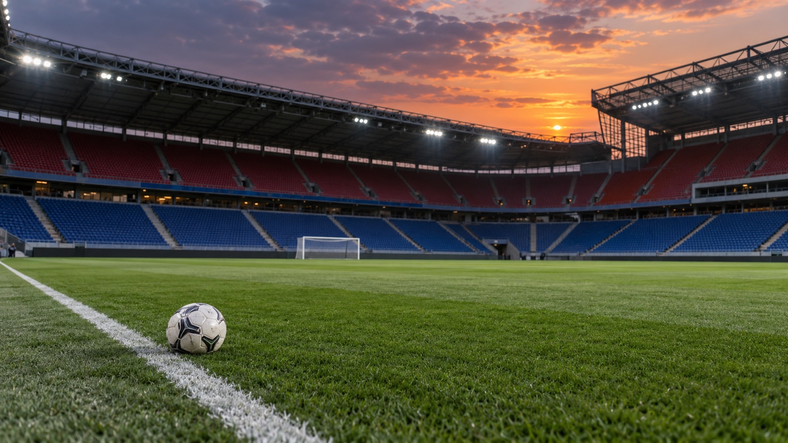 Empty European soccer stadium at dusk with blue and red seating and a round ball on the pitch