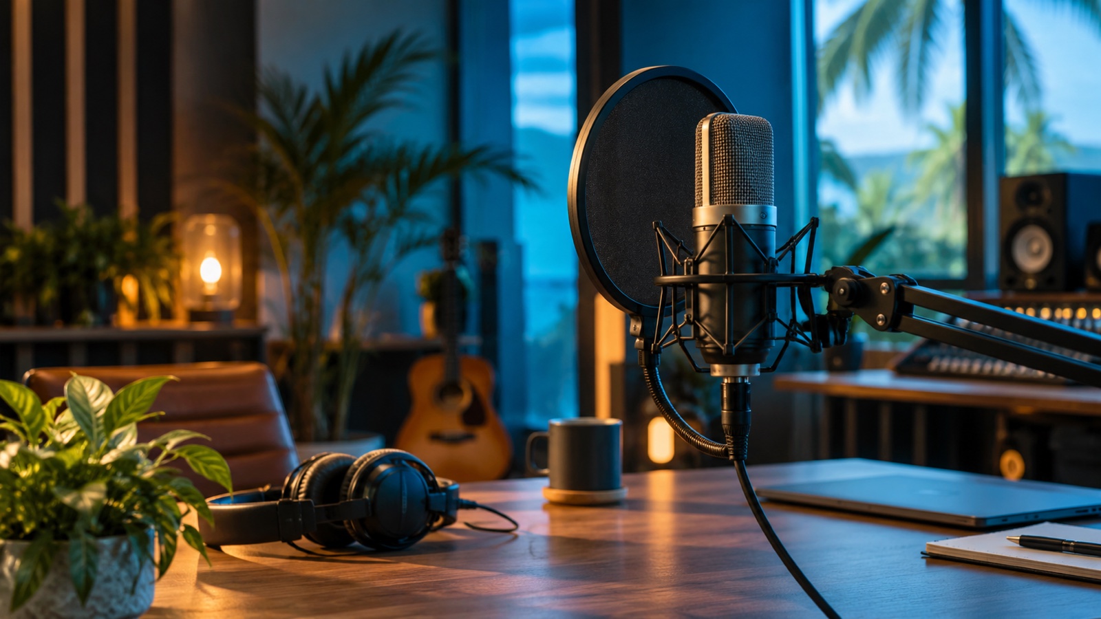 Empty recording studio microphone with tropical blue lighting