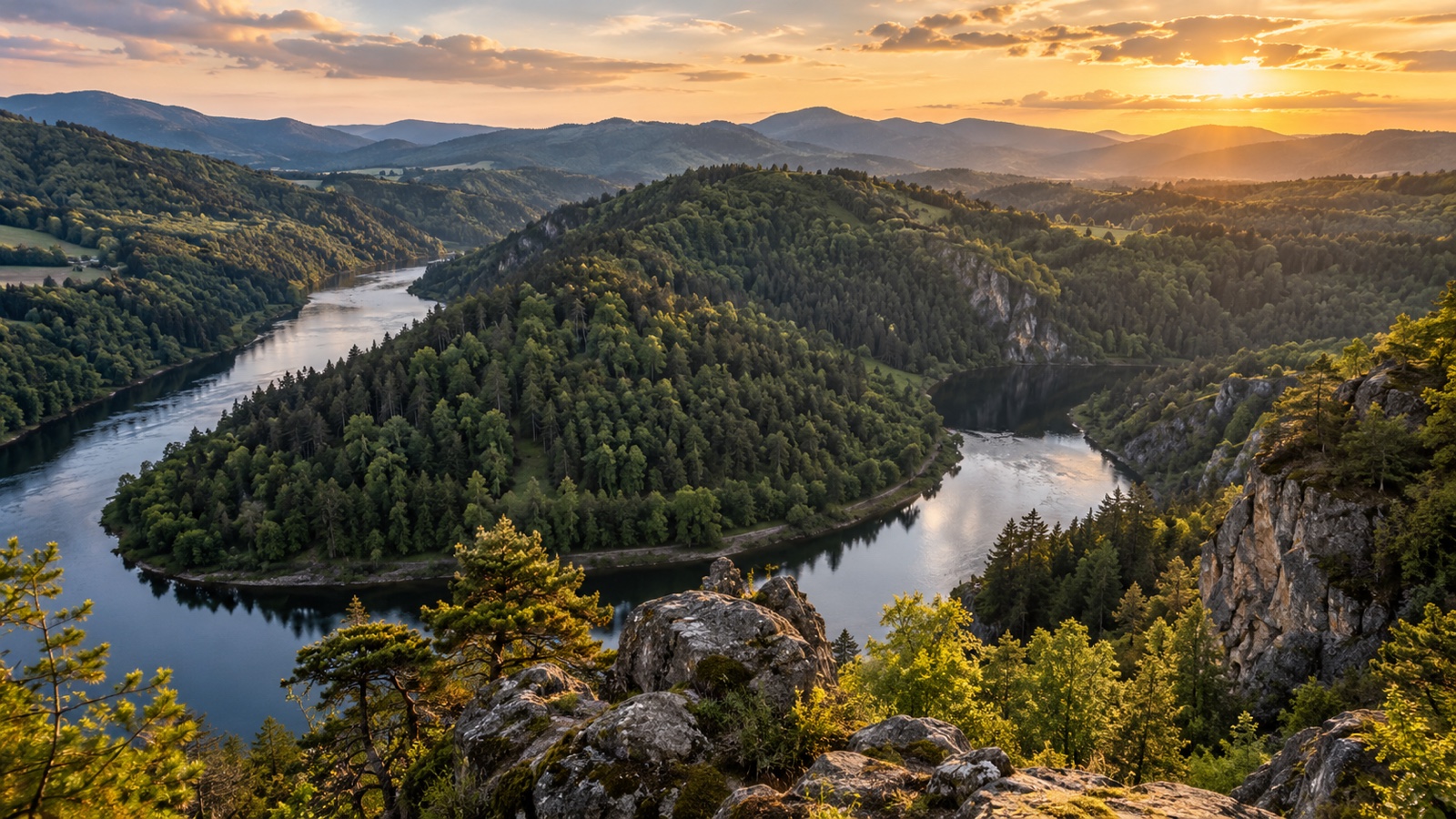 Forested Bohemian mountains and a winding Czech river