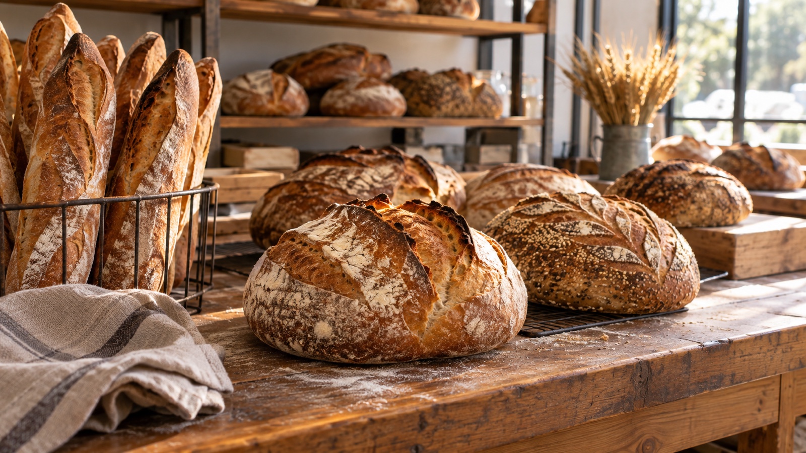 Freshly baked rustic bread loaves in a small bakery