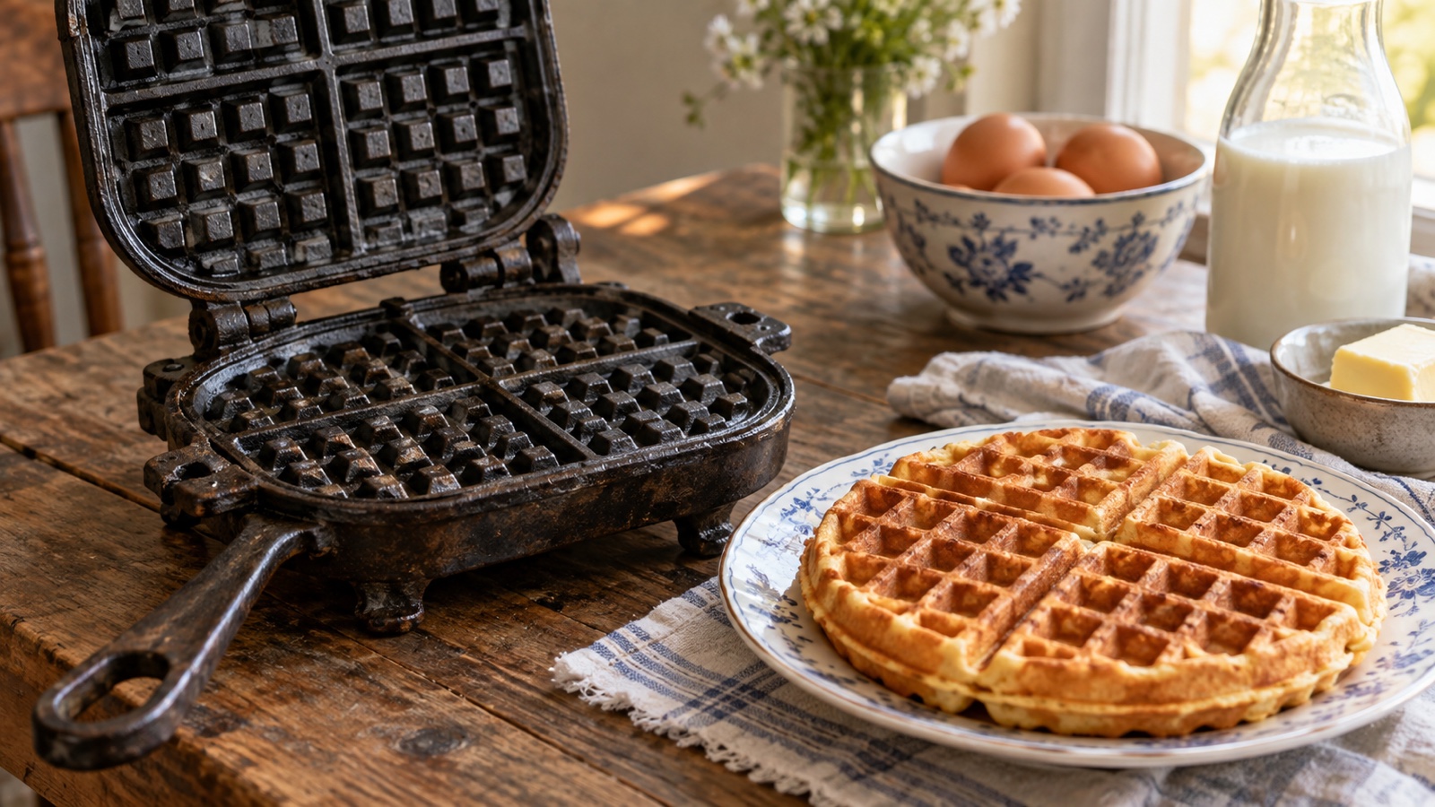 Historic cast-iron waffle iron open beside fresh cooked waffle