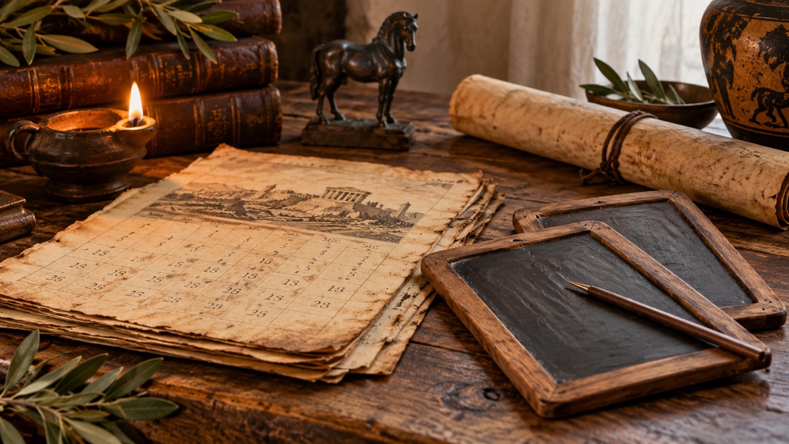 Antique calendar pages and unmarked wax tablets evoking the history of new year promises