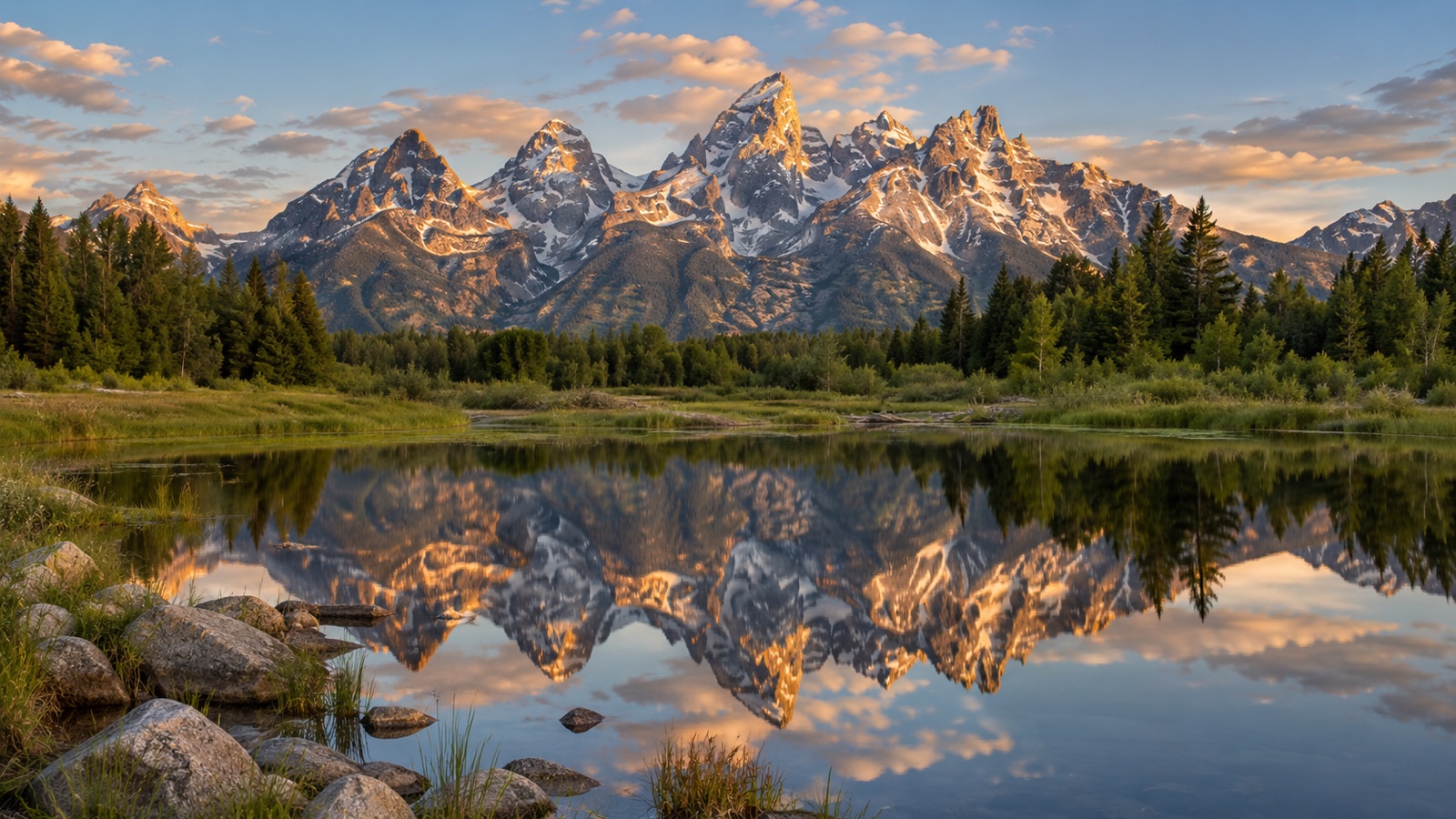 Jagged Grand Teton peaks reflected in an alpine lake