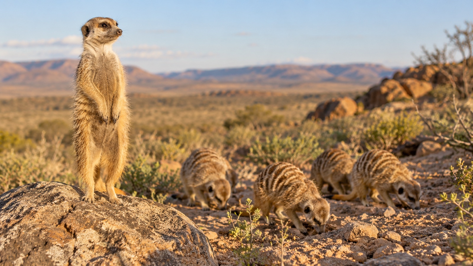 Meerkat sentinel watching from a rock while group forages behind
