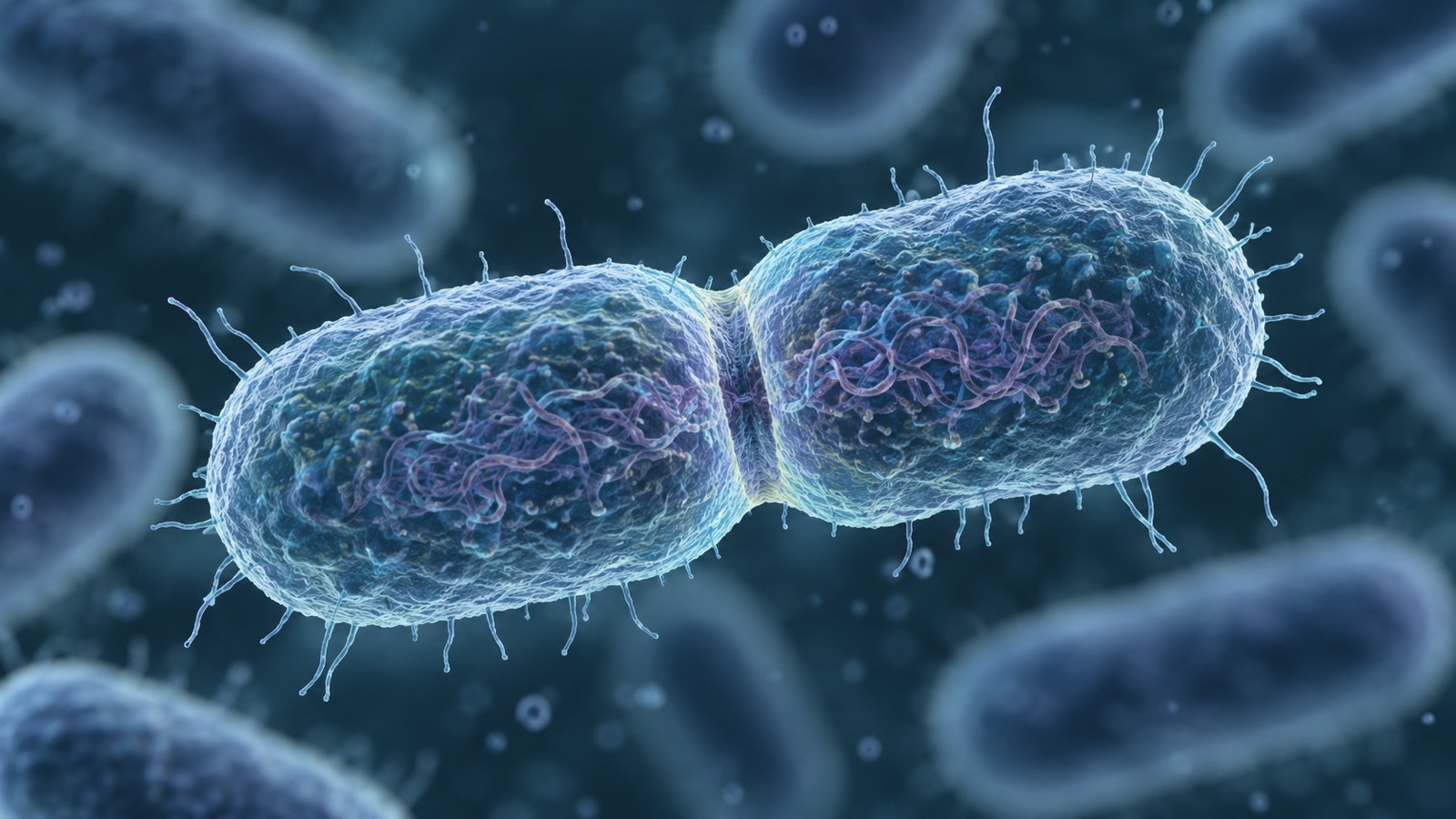 Microscopic rendering of one bacterium dividing into two daughter cells