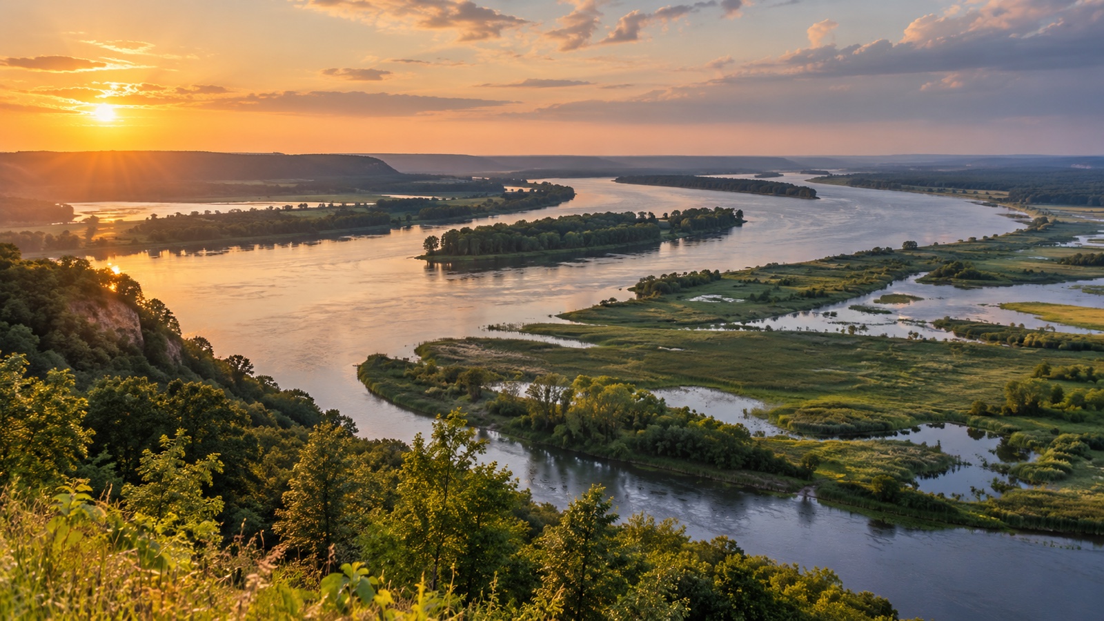 Mississippi River winding past broad wetlands and marsh grass