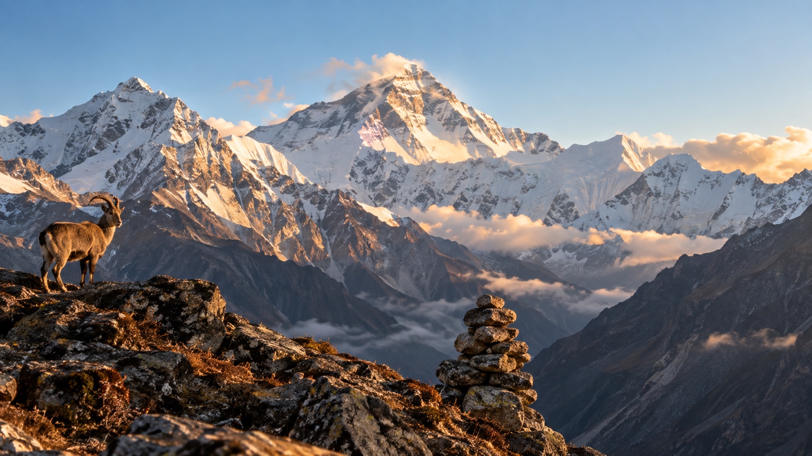 Mount Everest massif seen from the Nepal side over a mountain ridge