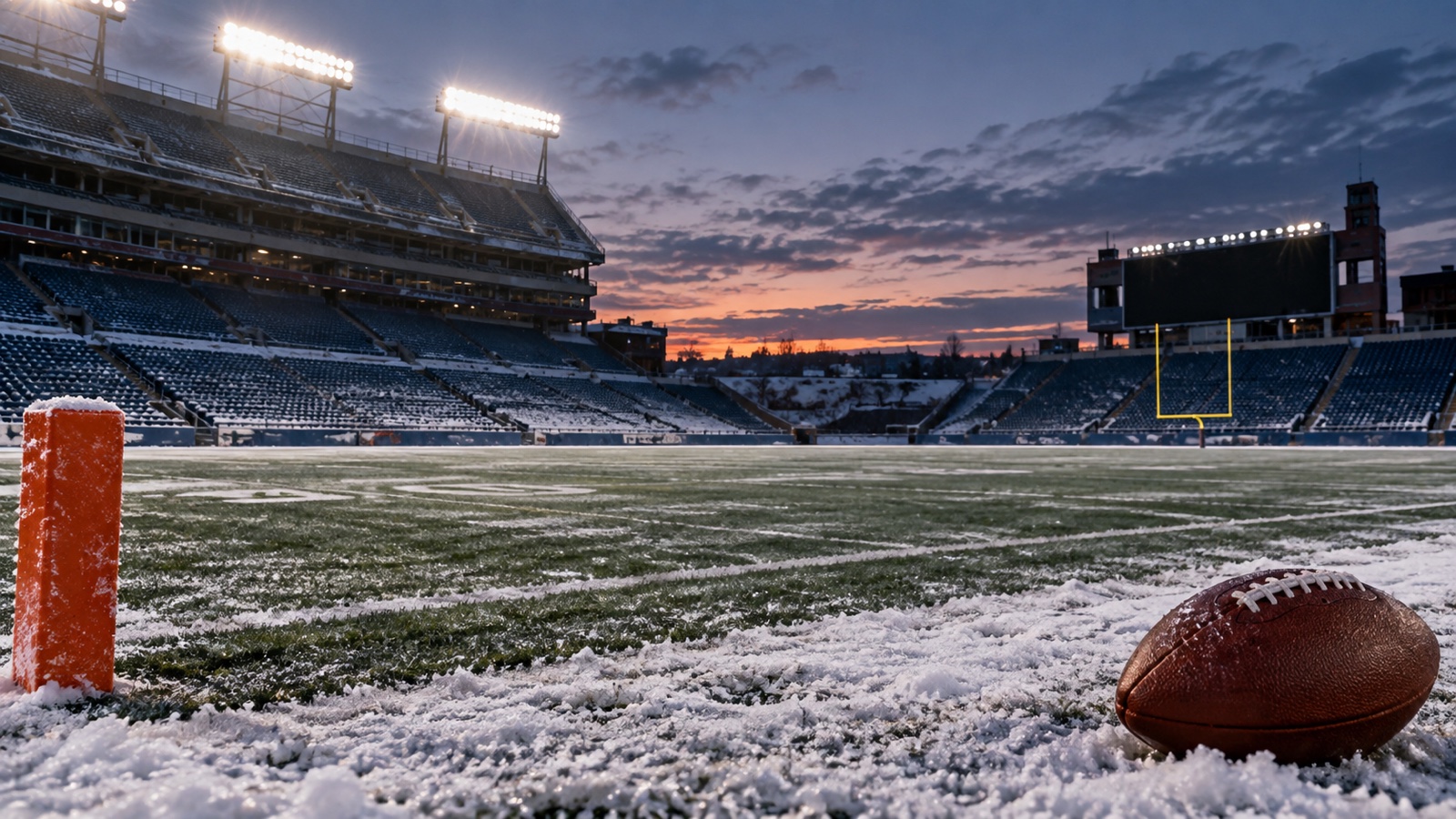 New England winter football field under stadium lights with no players