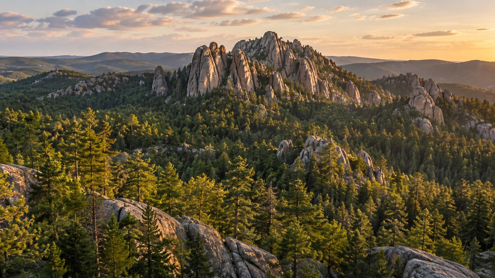 Pine-covered Black Hills of South Dakota with granite peaks