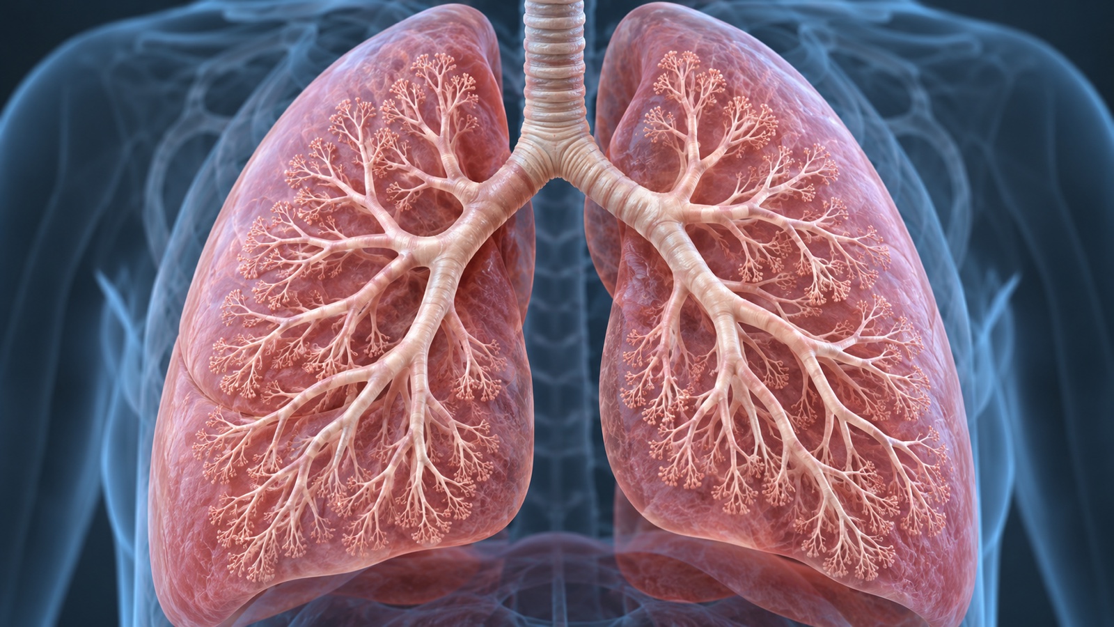 Scientific illustration of branching bronchi and bronchioles inside healthy lungs