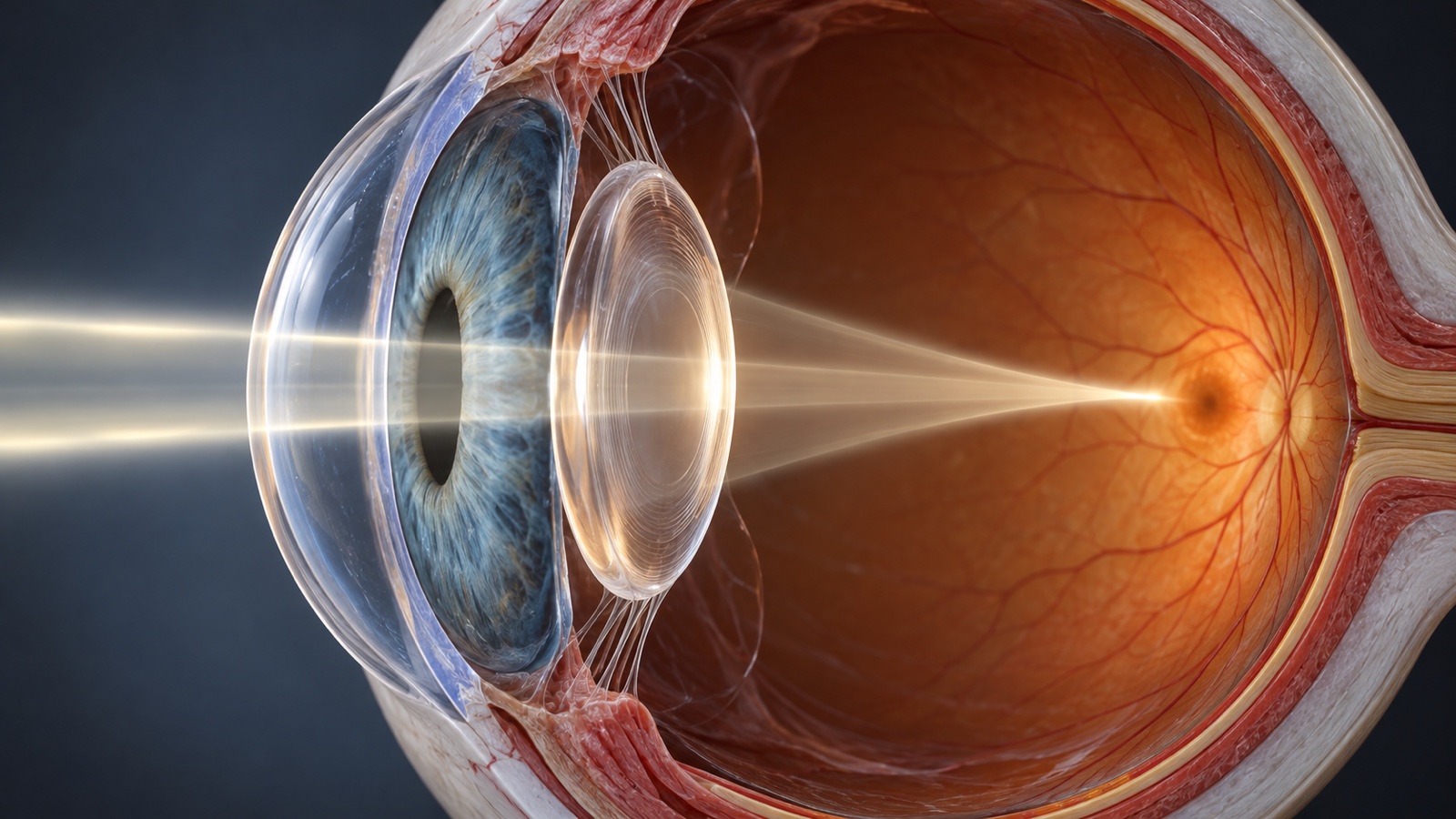 Scientific macro view of cornea and lens focusing a beam of light