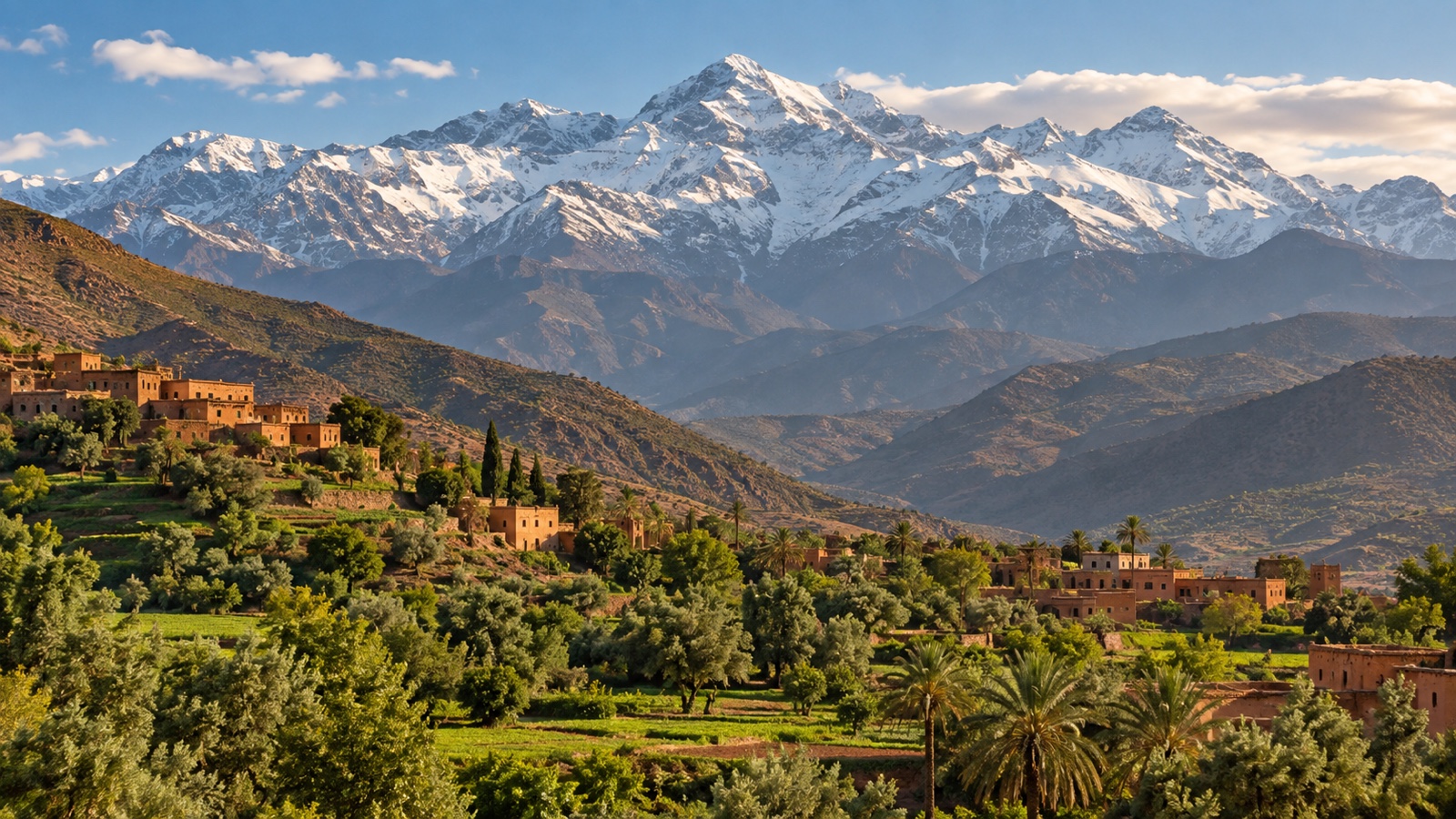 Snow-capped Atlas Mountains above a green Moroccan valley