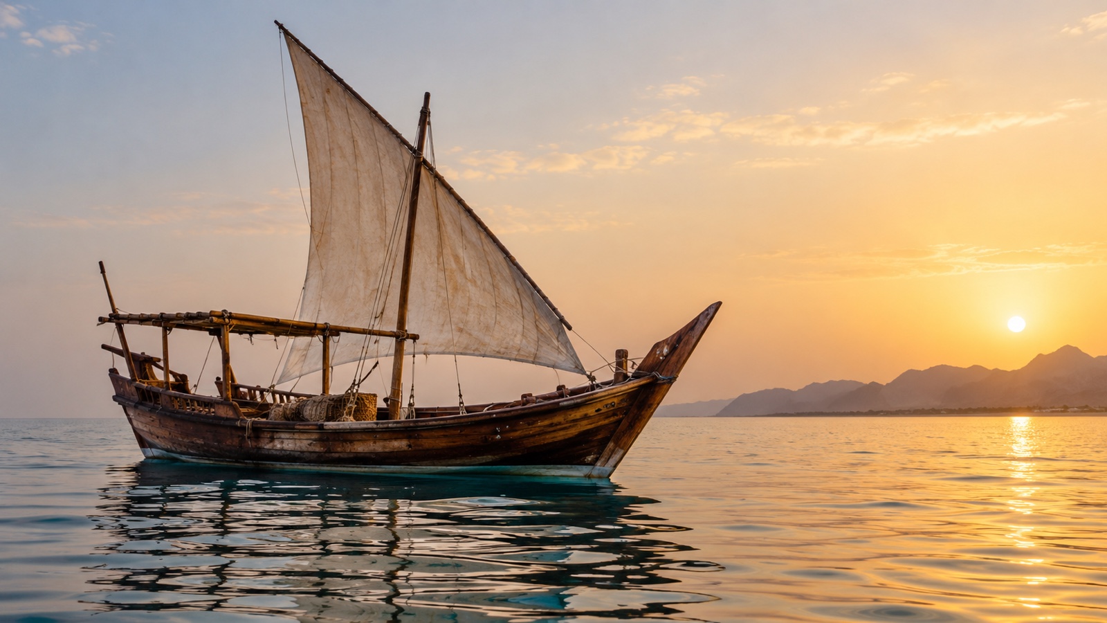 Traditional wooden pearl-diving dhow on calm Gulf waters
