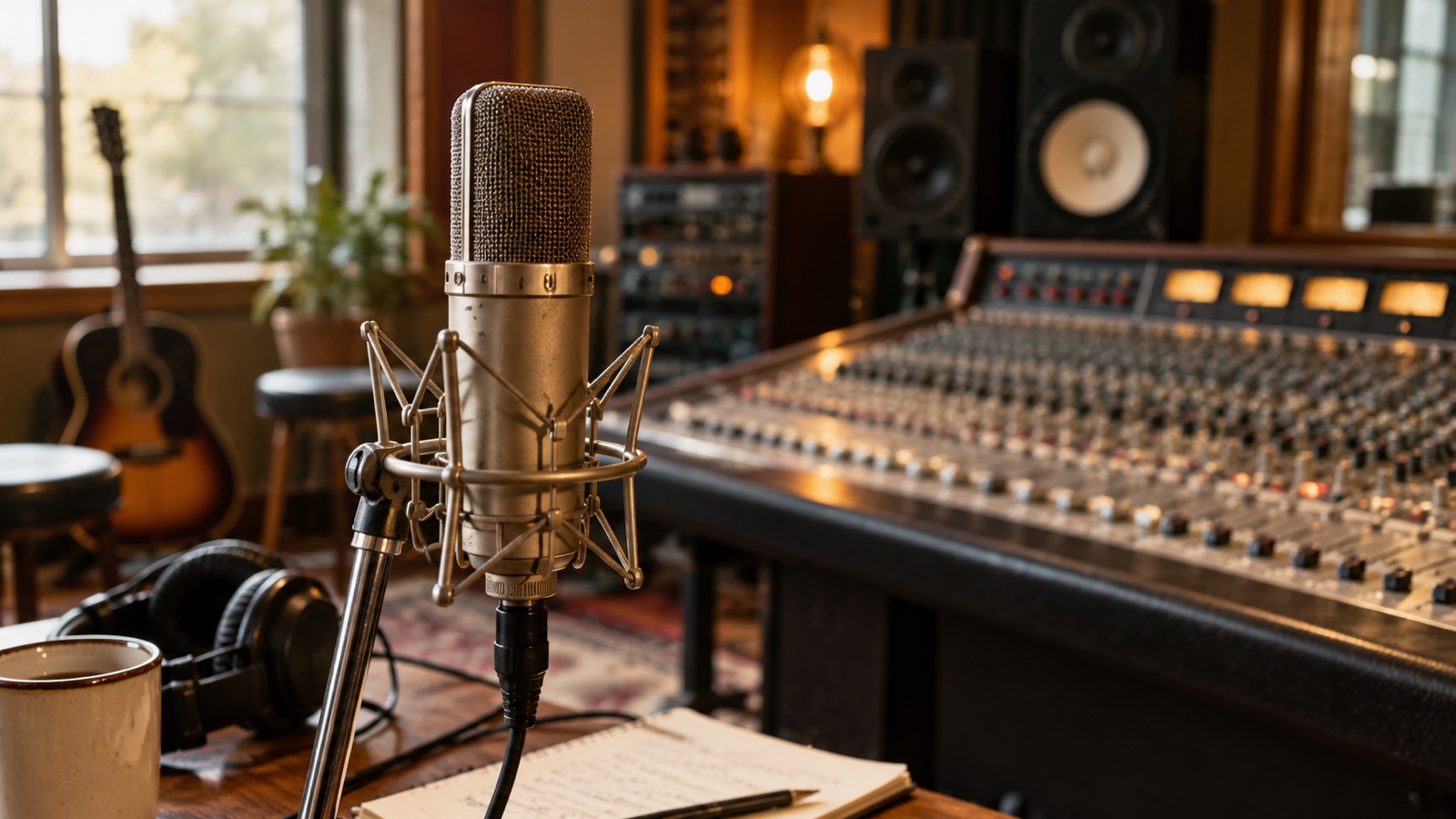 Vintage unbranded recording studio microphone and mixing desk