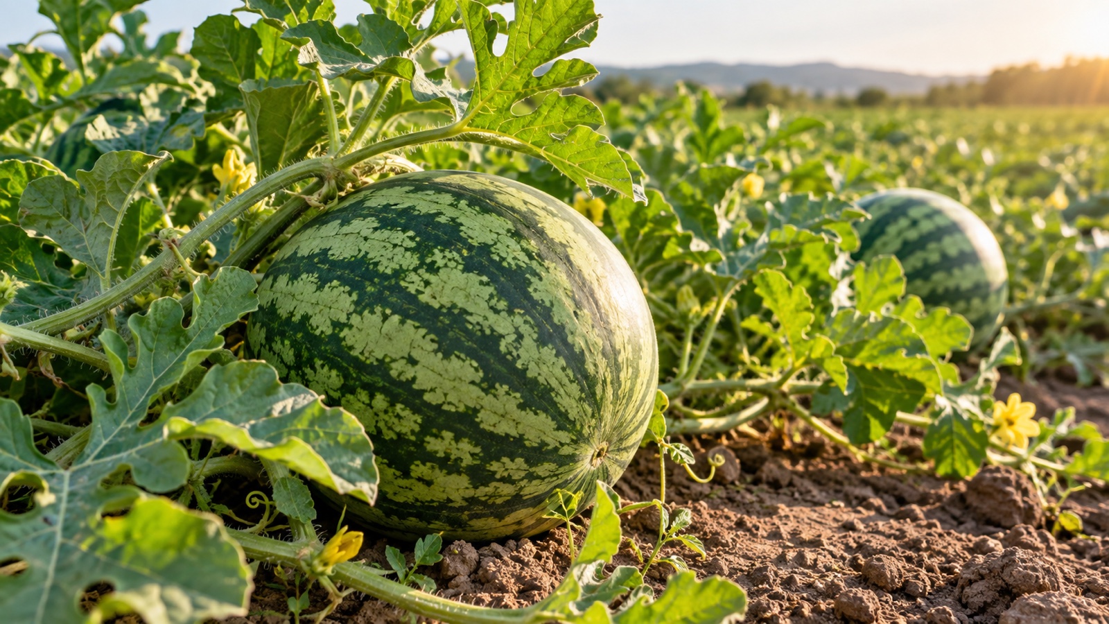 Watermelon vine growing in a sunny field with striped fruit
