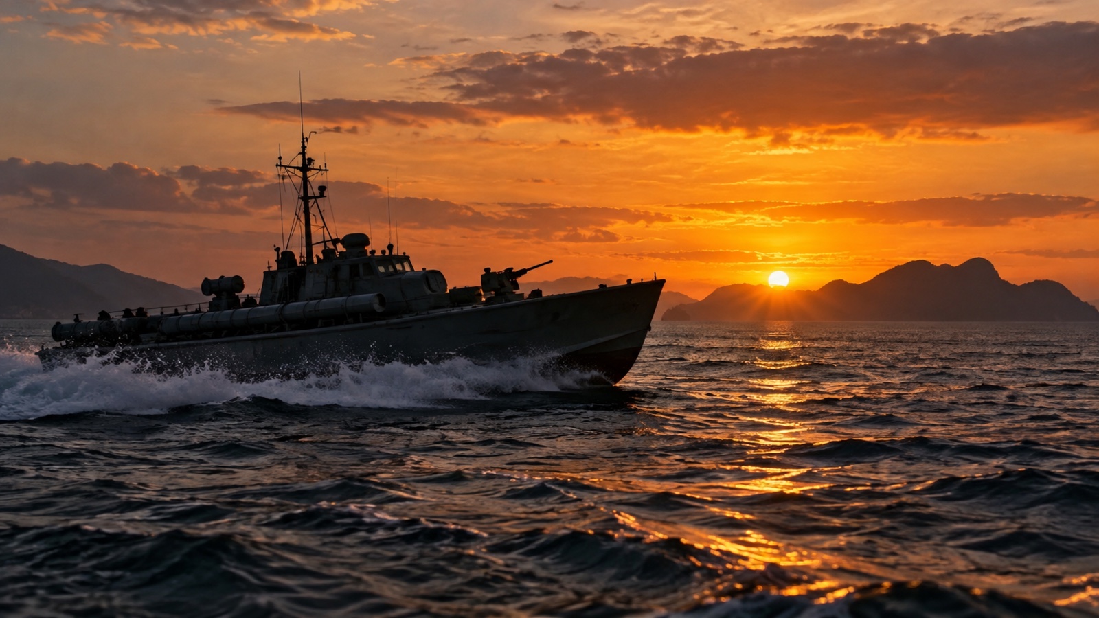 World War II era patrol torpedo boat silhouette on Pacific waters at dusk