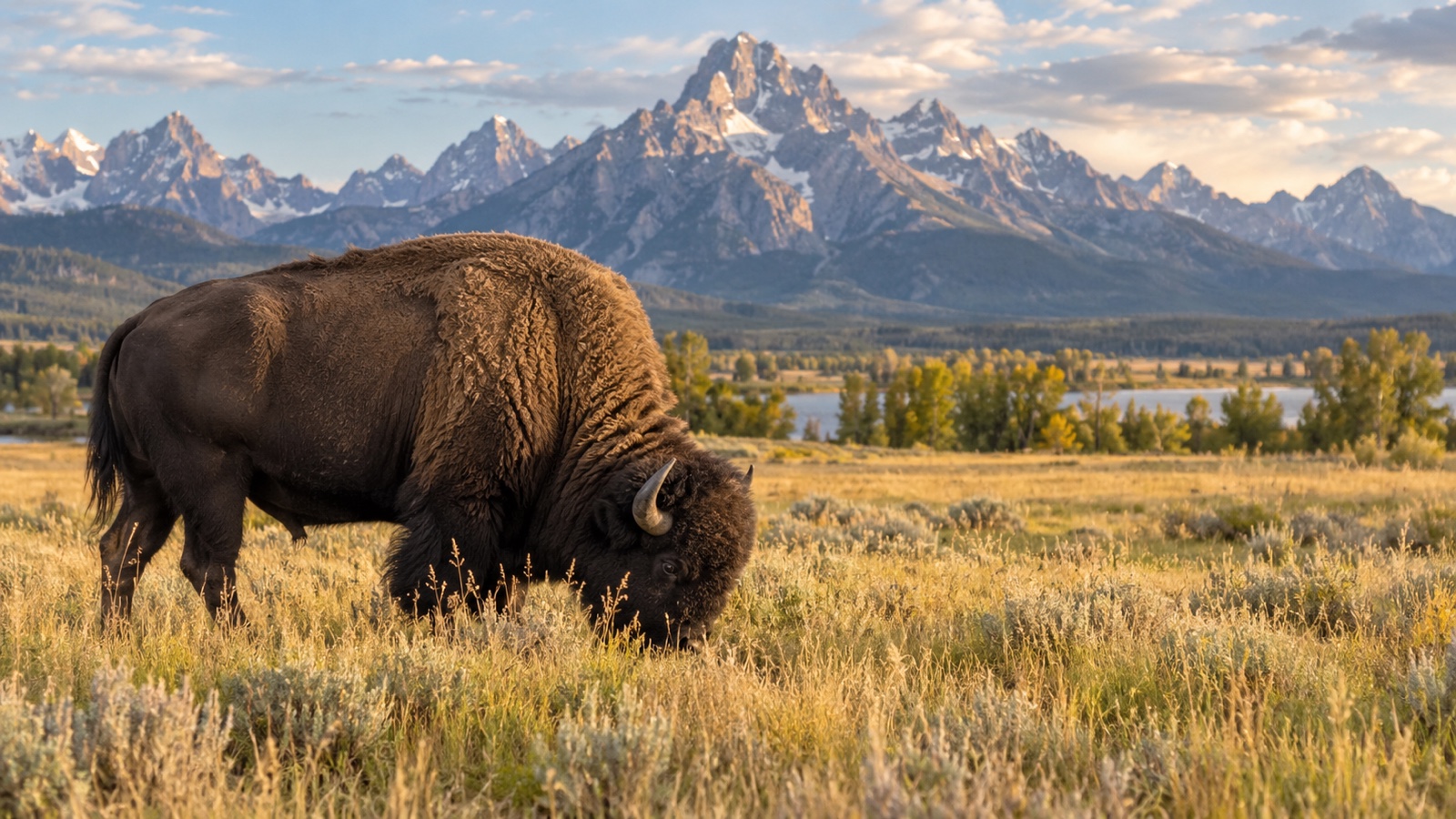 A Wyoming bison grazing in open grassland with mountains behind