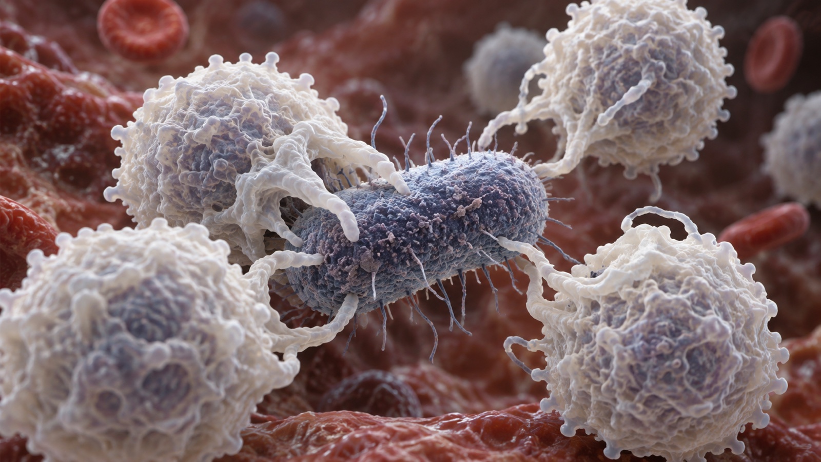 Accurate 3D illustration of white blood cells surrounding a bacterium