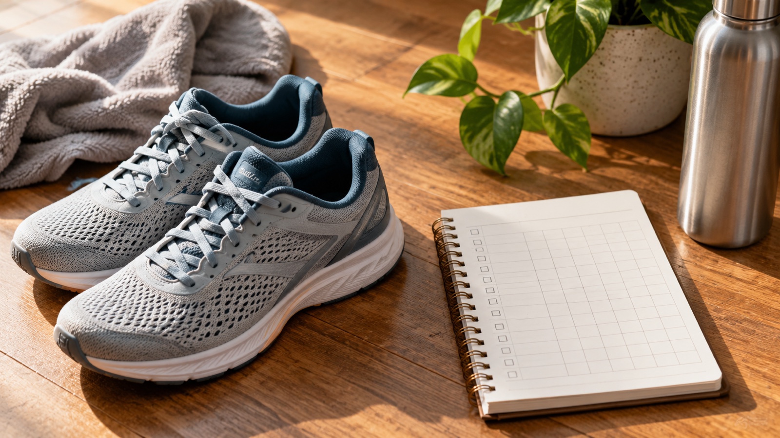 A single pair of running shoes beside a simple blank habit tracker notebook