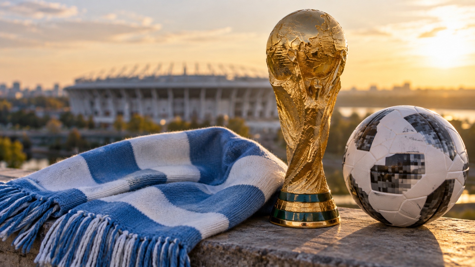 Blue and white football scarf beside an unbranded World Cup-style trophy and ball
