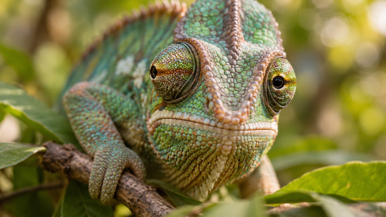 Chameleon's independently moving eyes in sharp natural close-up