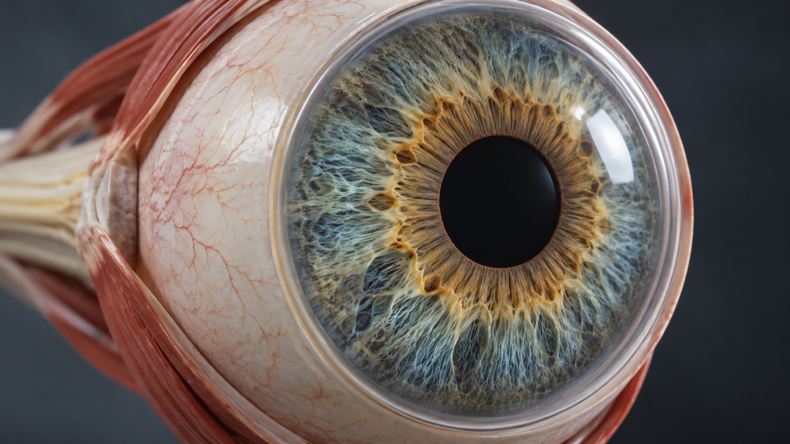 Close medical rendering of iris and pupil in an isolated eye model