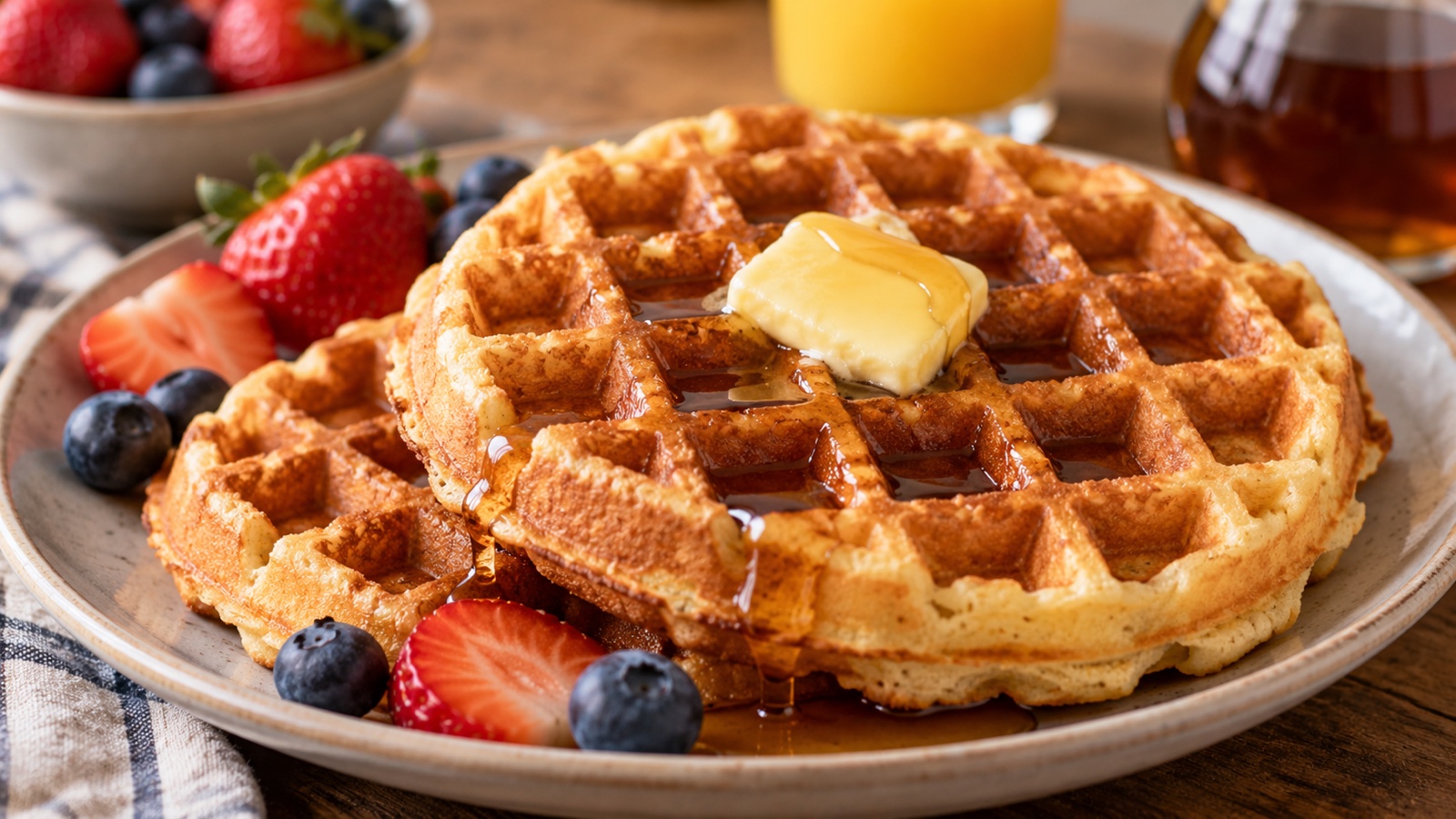 Close view of crisp waffle grid and browned texture