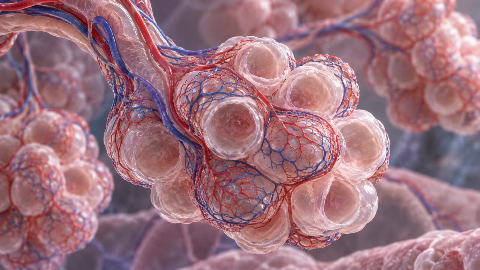 Detailed medical macro rendering of alveolar air sacs with capillaries