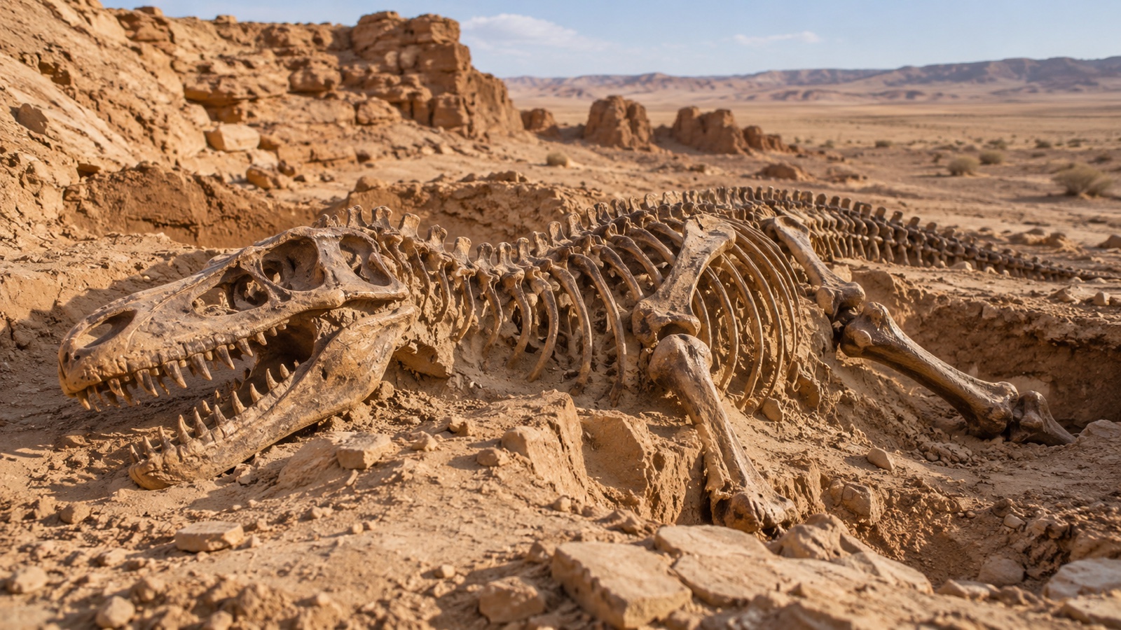 Dinosaur fossil skeleton in Gobi sandstone excavation setting