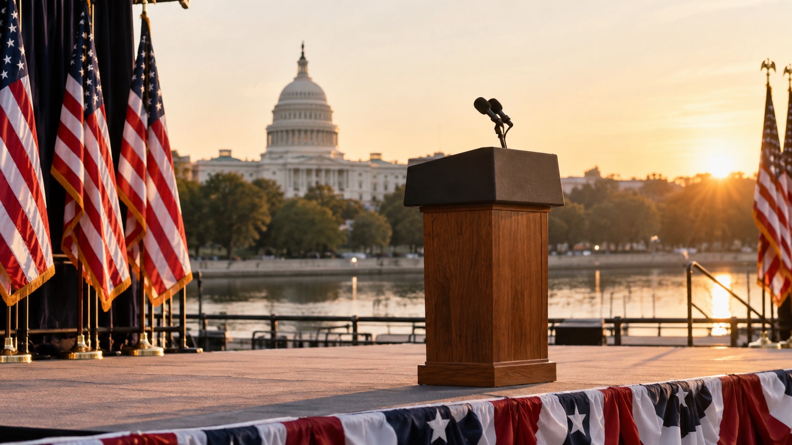 Empty 2008-era campaign stage with unmarked podium and American flags