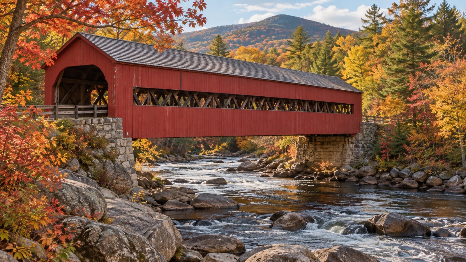 Historic red covered bridge crossing a New Hampshire river in fall