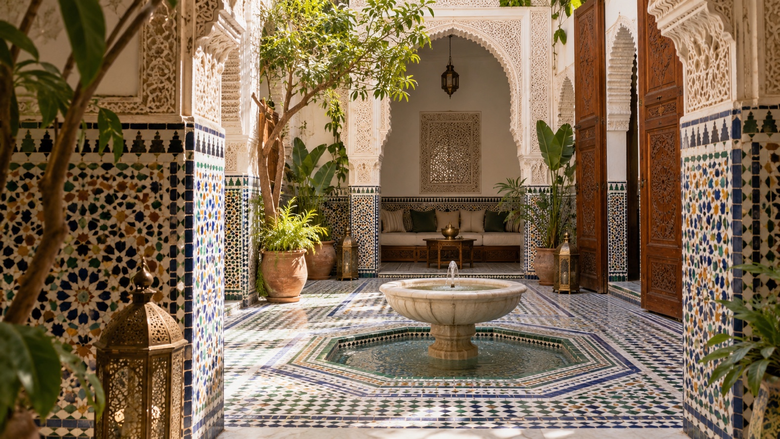 Intricate zellige tilework and carved arches inside a Moroccan riad