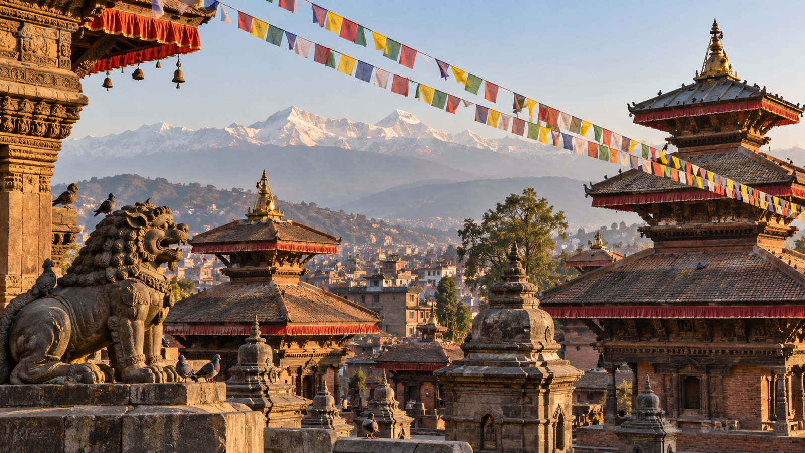 Kathmandu Valley ancient temple architecture and prayer flags, no people